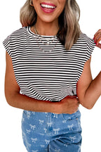 Black Stripe Ribbed Cap Sleeve Round Neck T Shirt