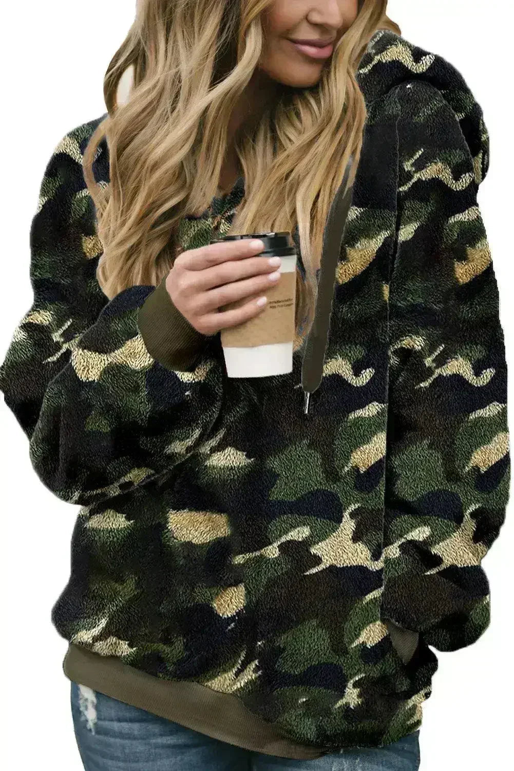 Women's Winter Green Camo Print Warm Furry Pullover Hoodie - SJB-DIAMOND ELITES