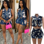 FAGADOER Fashion Printed Denim 2 Pieces Set for Woman Sleeveless Zip Cargo Pocket Jacket Patchwork Crop and Shorts Jeans Outfits Purplish Diva
