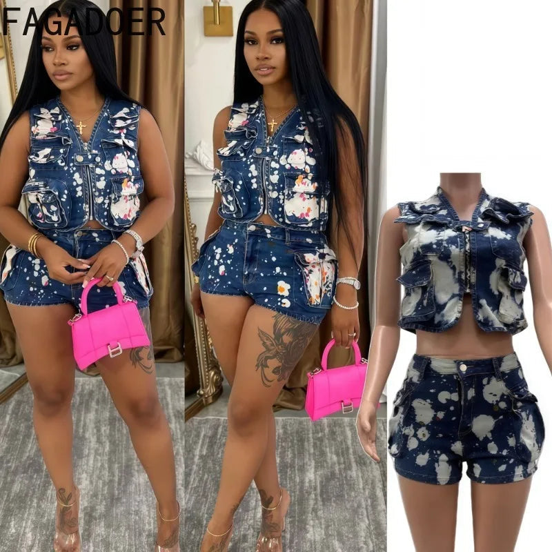 FAGADOER Fashion Printed Denim 2 Pieces Set for Woman Sleeveless Zip Cargo Pocket Jacket Patchwork Crop and Shorts Jeans Outfits Purplish Diva