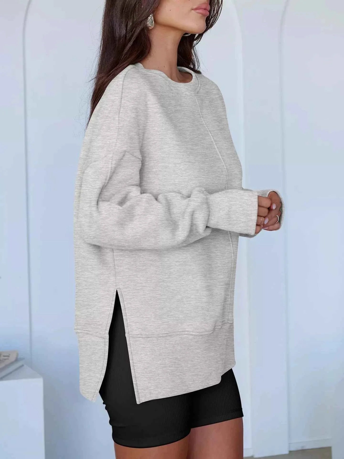 Side Slit Round Neck Long Sleeve Sweatshirt THRIXINE