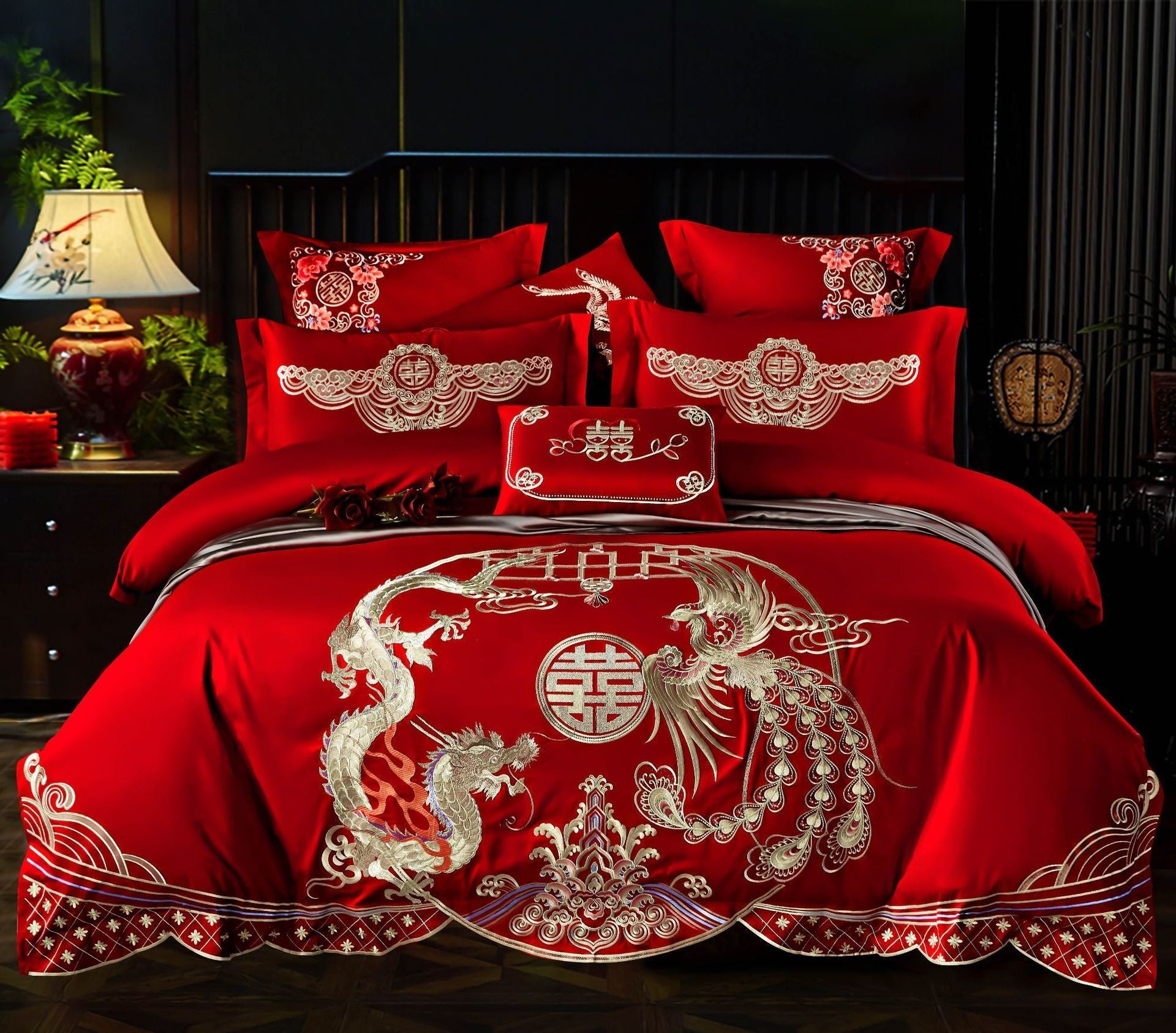 Red Wedding Four-piece Set Wholesale Cotton Wedding Embroidery Bedding Pure Cotton Marriage Bed Xi Quilt Cover Dragon And Phoenix Pi-Mart