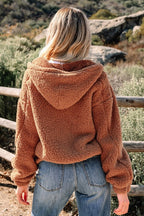 Solid Sherpa Fleece Zip Up Hooded Jacket THRIXINE