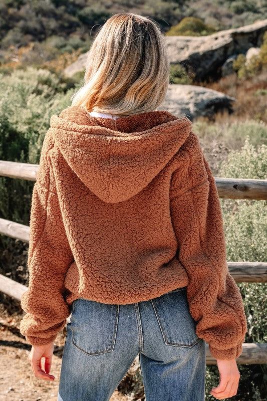 Solid Sherpa Fleece Zip Up Hooded Jacket THRIXINE