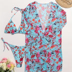 Bikini European Style Floral Print 3 Piece Swimsuit Set for Women – Sexy V Neck Bikini with Cross Strap Detail and Matching Long Sleeve Cover-Up – High Stretch Trendy Swimwear for Summer Beach Vacations Resort Looks and Poolside Fashion