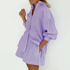 Women's Graceful And Fashionable Striped Puff Sleeve Shorts Suit Pi-Mart