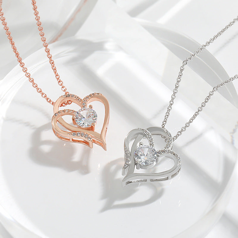 Zircon Double Love Necklace With Rhinestones Ins Personalized Heart-shaped Necklace Clavicle Chain Jewelry For Women Valentine's Day Pi-Mart