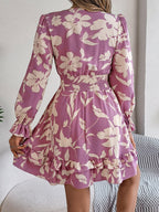 Feminine Lilac Ruffled Printed Long Sleeve Dress Summer Cute Midi Dress
