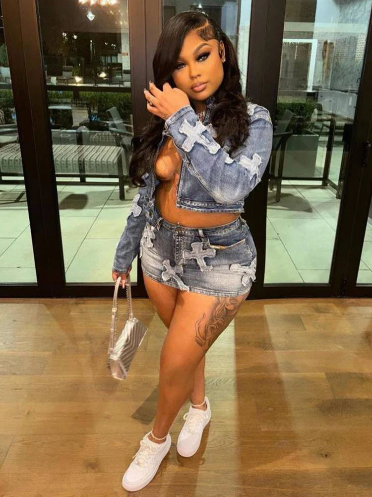 2 Piece Denim Sets Womens Outfits Spring Long Sleeve Zipper Jacket and Mini Skirt Set Sweet Sexy Outfits Wholesale Dropshipping Purplish Diva