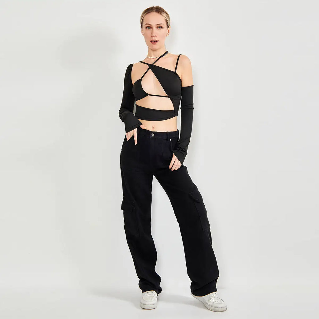 Long Sleeve Top Cut Out Asymmetrical Neck - SJB-DIAMOND ELITES