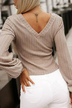 Knitted Jacquard V-Neck Top - Lantern Sleeve Blouse | Femstylo