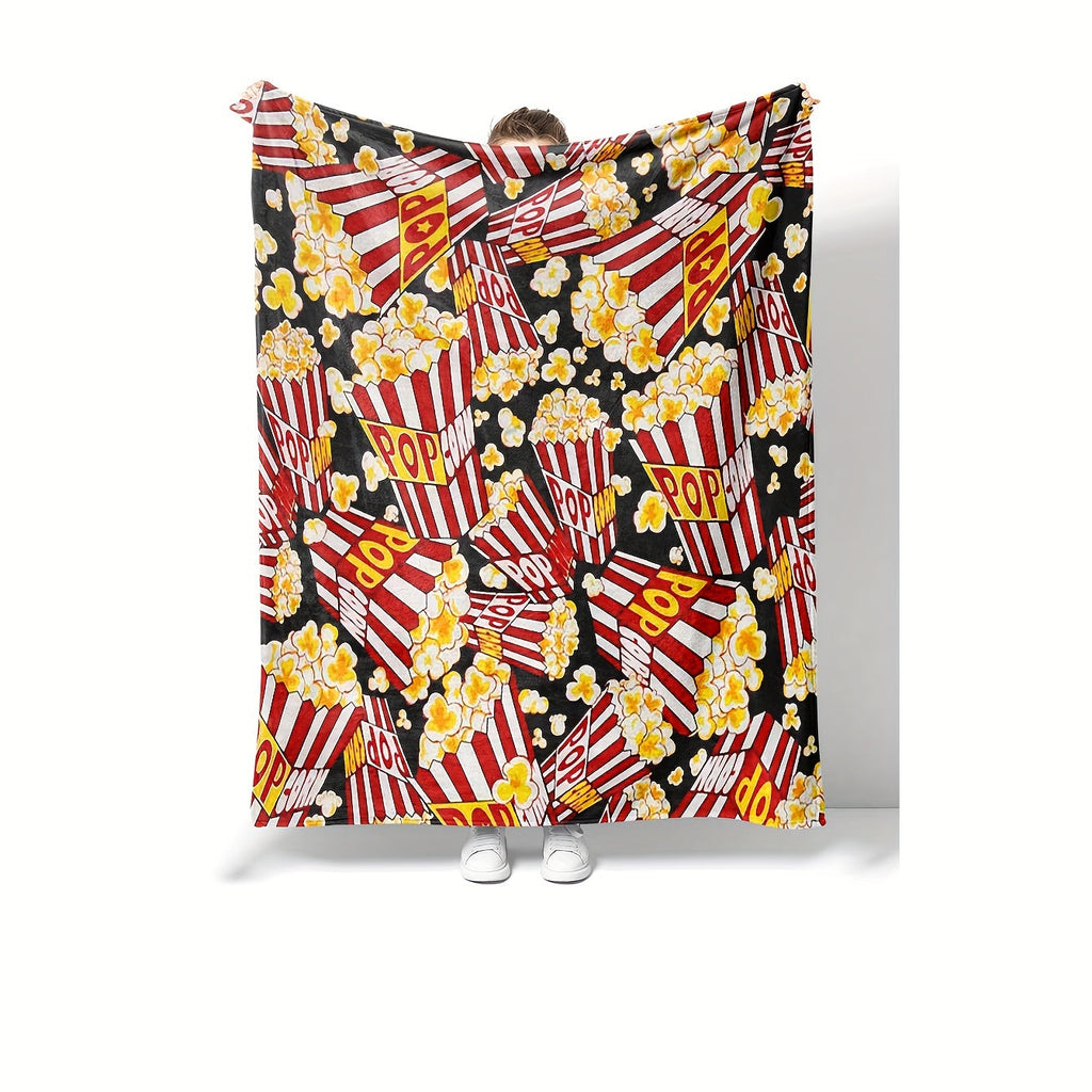 1pc Cozy Cinema Popcorn Blanket - Soft Breathable Flannel Plush, Retro Food Print Design, Suitable for Bed, Sofa, Office, Camping, and Outdoor Use - Machine Washable, Lightweight, and Warm Lootquake LLC