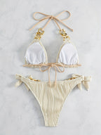 Bikini Ruched Texture Golden Chain 2 Piece Triangle Swimsuit for Women – Striped Halter Bikini Set with Bow Tie Side and Elegant Ring Link Detail – Stretchy Beachwear for Pool Bathing and Summer Vacations