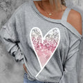 Ladies' Heart-shaped Cherry Blossom Graphic Print Asymmetric Dewdrop Shoulder Top Long Sleeved Shirt - SJB-DIAMOND ELITES