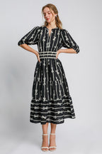 Bow Tie Print Notched Contrast Velvet Trim Midi Dress–Elegant Bow Tie Print, Modern Notched Neckline, Luxurious Velvet Trim, Sophisticated Midi Dress for Special Events