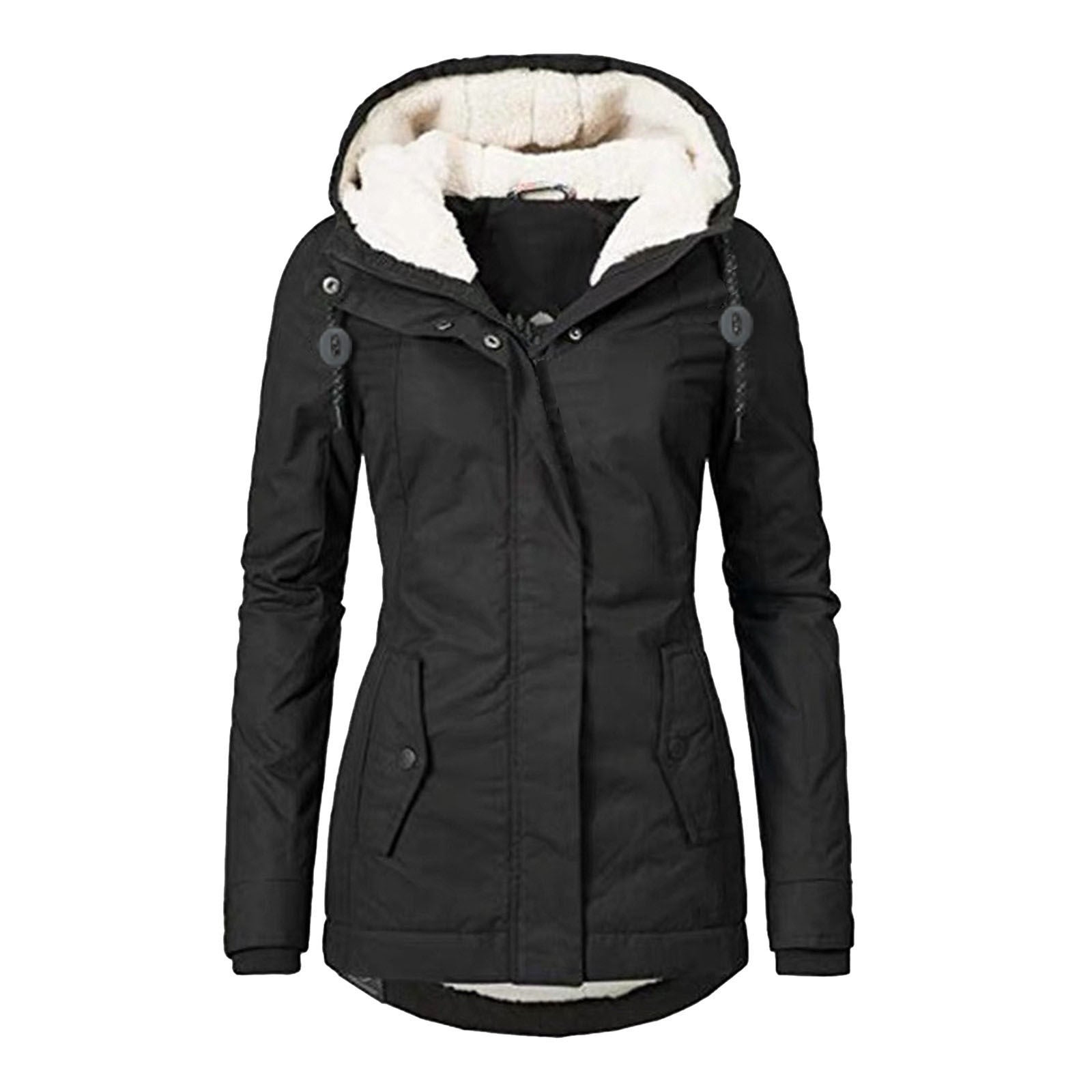 Winter Hooded Jacket Solid Color Warm Buckle Zip-up Fleece Jacket With Pockets Women's Casual Jacket Pi-Mart