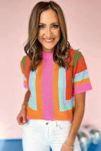 Orange Colorblock Eyelet Casual Knit T Shirt
