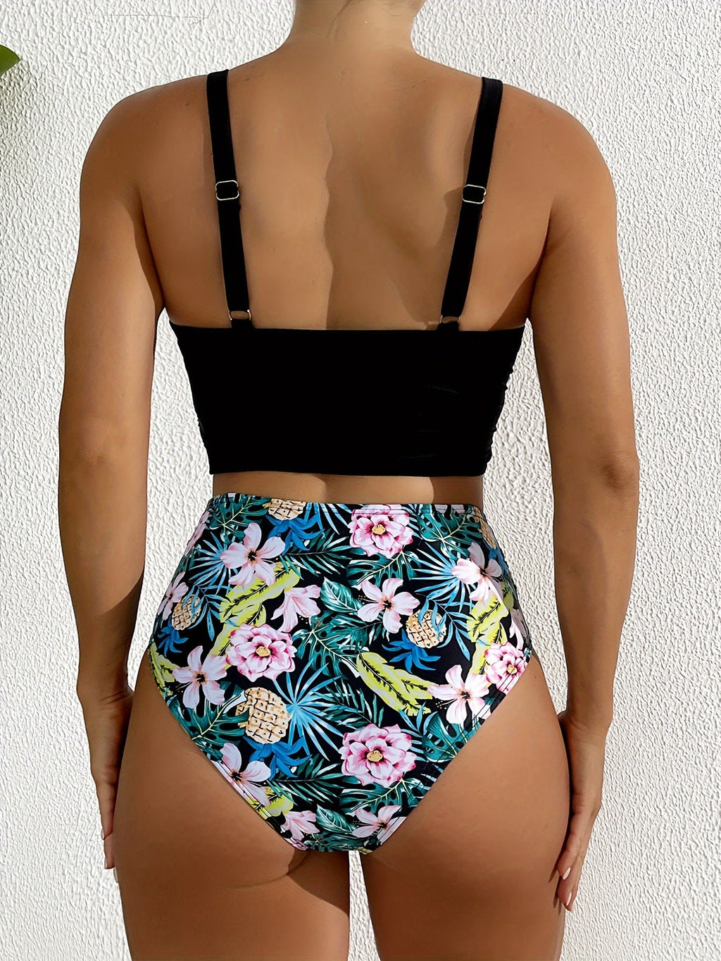 Bikini Solid Black Twist Front High Waist 2 Piece Swimsuit for Women – Stretchy V Neck Bikini Set with Ruched Tummy Control and Cross Strape Detail – Quick Drying Polyamide Swimwear for Beachwear Poolside and Summer Travel Stevvex