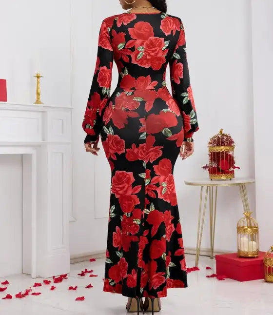 Ladies' V-neck Floral Print Fashionable Hip Hugging Dress - SJB-DIAMOND ELITES