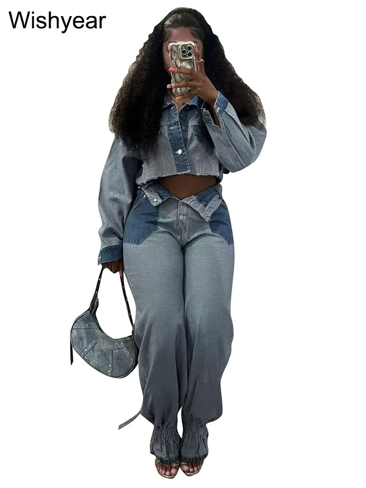 Streetwear Blue Patchwork Denim Two 2 Piece Pants Set Women Sales Long Sleeve Crop Tops and Flare Jeans Loose Matching Outfits Purplish Diva