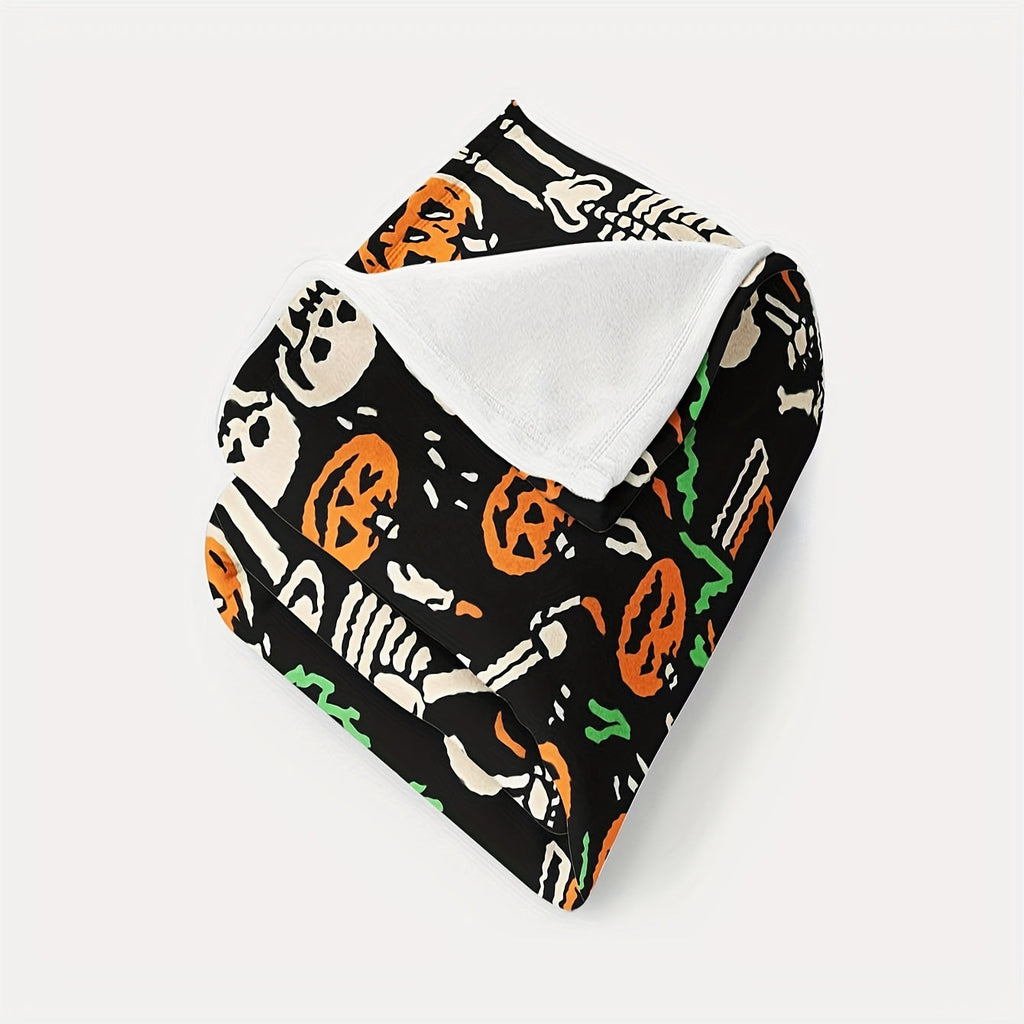 1pc Halloween Blanket Pumpkin Skull Throw Blanket Flannel Fleece Blanket For Women, Men, Fuzzy Plush Lightweight Blanket For Bedroom Couch Sofa Black Lootquake LLC