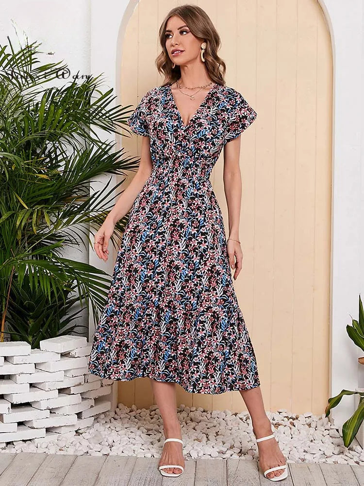 Women Summer Chiffon Floral Print Long Dress Short Sleeve Elegant V Neck Elastic Waist Holiday Beach Dress - SJB-DIAMOND ELITES