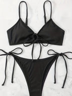 Bikini Solid Rib Knit 2 Piece Swimsuit – Ring Link Tie Front Triangle Bikini Set for Women – Hollow Out High Stretch V-Neck Top with Tie Side Bottoms – Trendy Beach & Pool Swimwear for Summer
