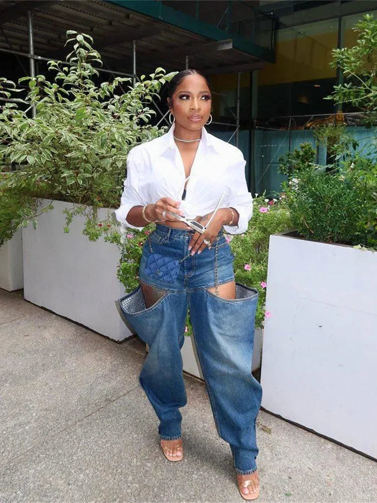Hollow Elastic Women Demin Jeans High Waist Pockets Causal Vintage Bottoms Female Fashion Y2K Streetwear Clothing Purplish Diva