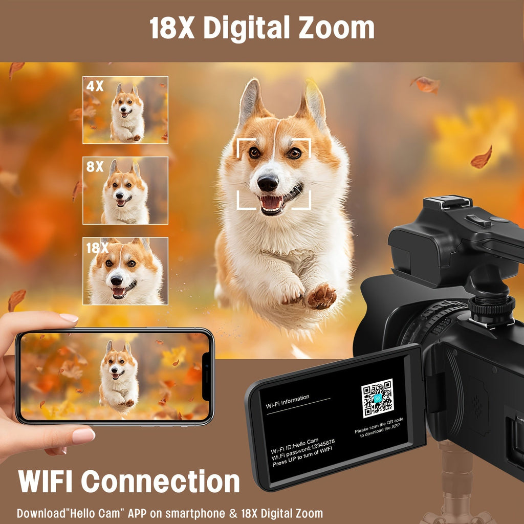 6K Ultra HD Video Camera Camcorder with 18X Zoom, IR Night Vision, 4.0" Touch Screen, WiFi, Microphone, 64GB SD Card, Remote Control & Charger - Perfect for Vlogging & Filming, Vlogging Camera | Touch Screen Camera | Highreso Lootquake LLC