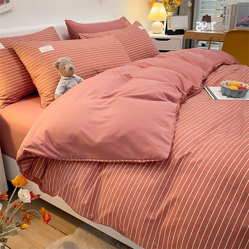 Pure Color Washed Cotton Four-piece Set Of Plaid Striped Sheets Quilt Cover Bedding Pi-Mart