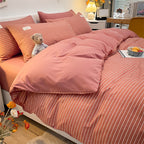 Pure Color Washed Cotton Four-piece Set Of Plaid Striped Sheets Quilt Cover Bedding Pi-Mart