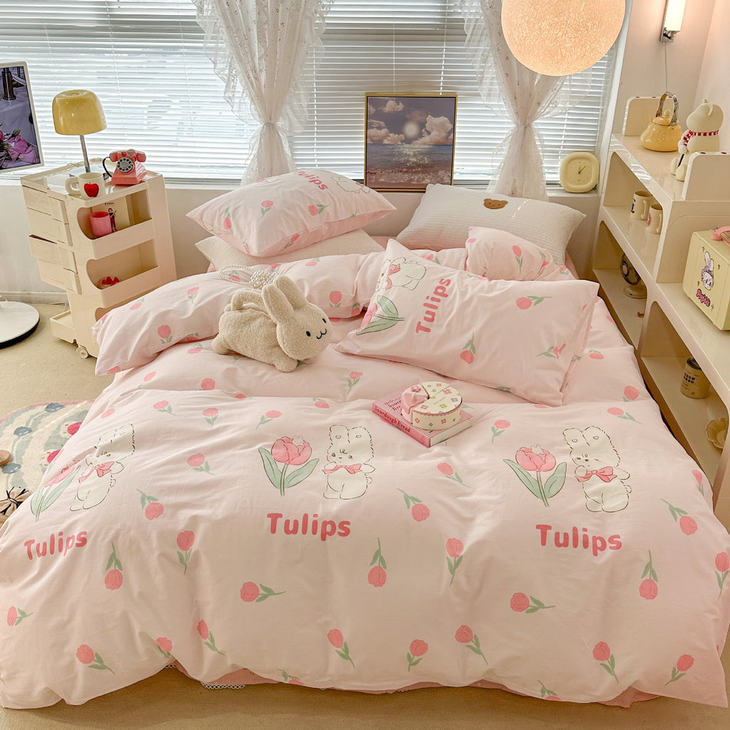 Cute Floral Rabbit Cotton Four-piece Set Pastoral Cotton Quilt Cover Bed Sheet Three-piece Set Pi-Mart