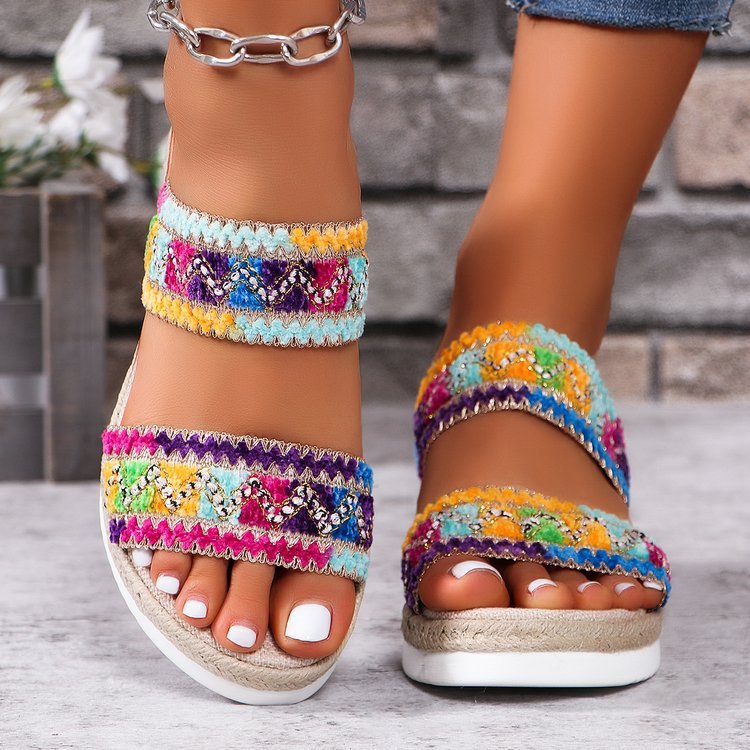 Fashion Wavy Pattern Woven Sandals Summer Casual Ethnic Style Slippers Linen Bottom Wide Strap Wedges Shoes For Women Pi-Mart