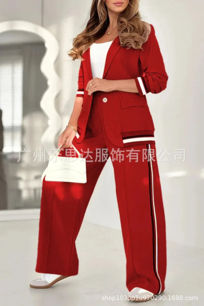 Women Suit Jacket 2 Piece Sets Striped Blazer Coat Turn Down Collar Single Breasted Wide Leg Pants Ensemble Office Lady Outfits Purplish Diva