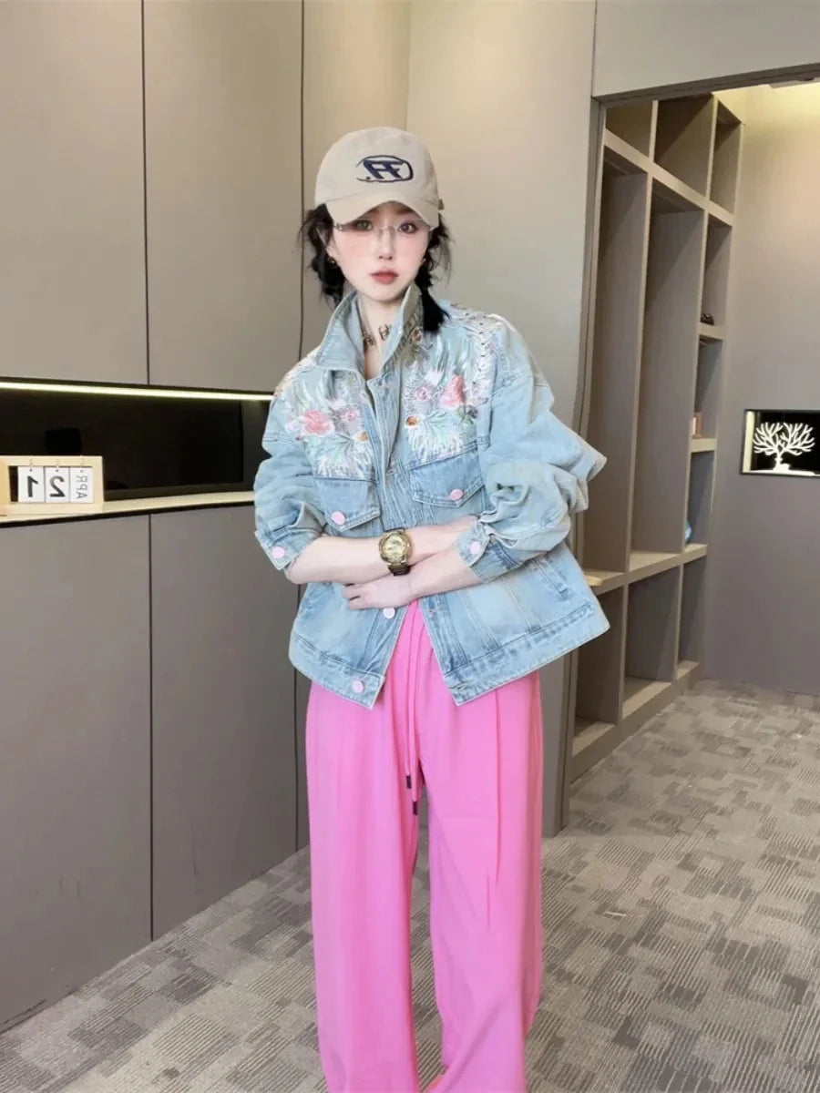 Spring Autumn Short Denim Jacket 2025 New Women's Embroidery Denim Outwear Chinese Style Women Denim Coat Women Loose Jeans Coat Purplish Diva