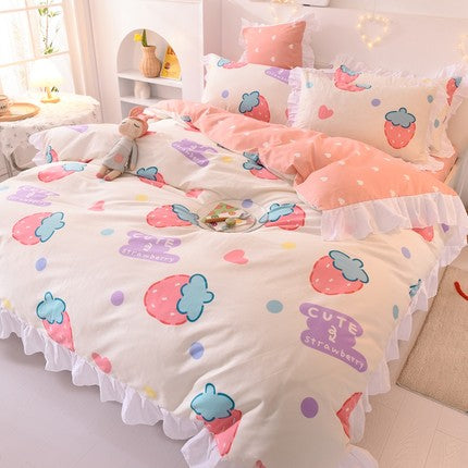Ins Fashion Solid Cotton Bedding Set with Fitted Bed Sheet Cute Princess AB Double Sided Ruffle Quilt Cover Pillowcase Full Size Pi-Mart