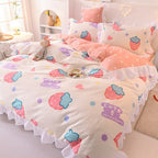 Ins Fashion Solid Cotton Bedding Set with Fitted Bed Sheet Cute Princess AB Double Sided Ruffle Quilt Cover Pillowcase Full Size Pi-Mart