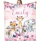 1pc Custom Flannel Blanket, Personalized Cartoon Animal Print Custom Your Name Flannel Blanket, Soft And Warm Memorable Moments Commemorative Blanket, Great Holiday Gift For Classmates, Friends, Family And Lovers, Used For Na