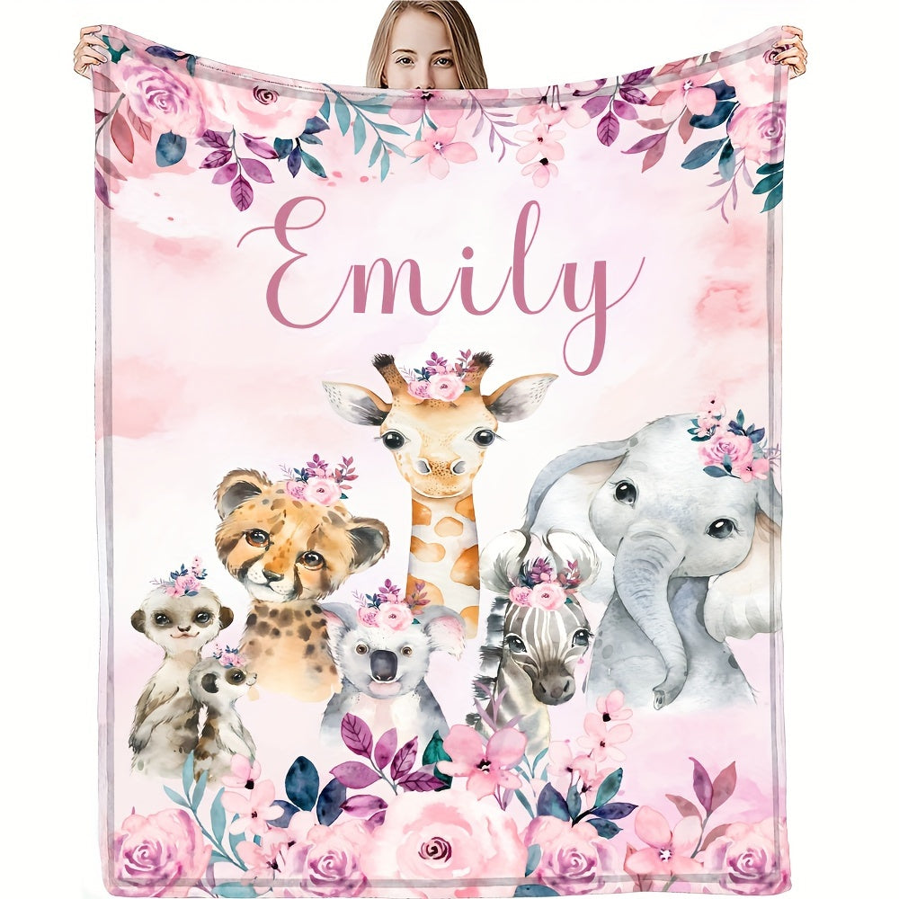 1pc Custom Flannel Blanket, Personalized Cartoon Animal Print Custom Your Name Flannel Blanket, Soft And Warm Memorable Moments Commemorative Blanket, Great Holiday Gift For Classmates, Friends, Family And Lovers, Used For Na