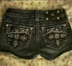 Women's retro Summer casual Buddha statue denim shorts Y2K sexy hot pants high waisted pocket embroidered street mini shorts Purplish Diva