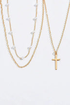 Gold Retro Multi-Layer Pearl and Cross Pendant Necklace Set