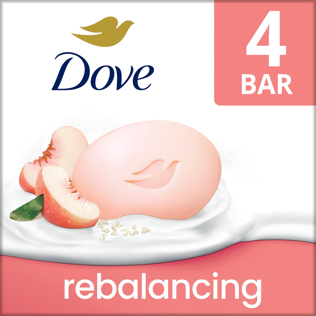 Dove Beauty Bar Soap for Women Rebalancing White Peach & Rice Milk All Skin, 3.75 oz 4 Bars