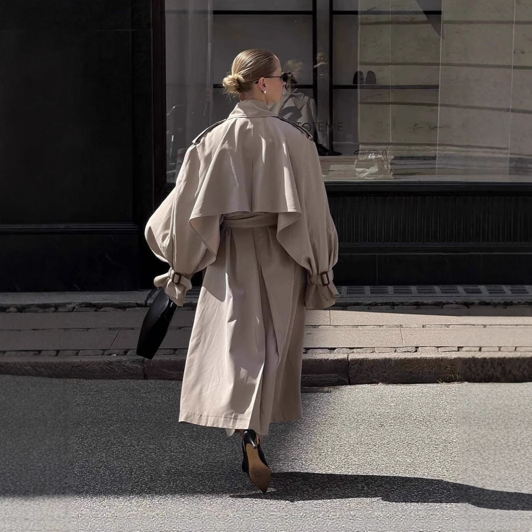 Women's Long Khaki Belted Cape Trench Coat Pi-Mart