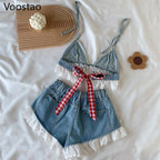 Summer Sweet Lolita Style Denim Shorts Sets Girls Sexy Lace Bandage Camisole Crop Tops Ruffles Jeans Short Pants Women 2PC Set Purplish Diva