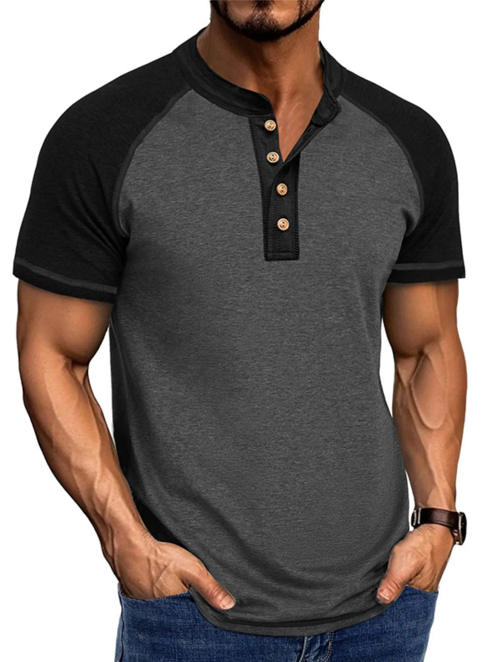 Men's Raglan Henley Color Block T-Shirt