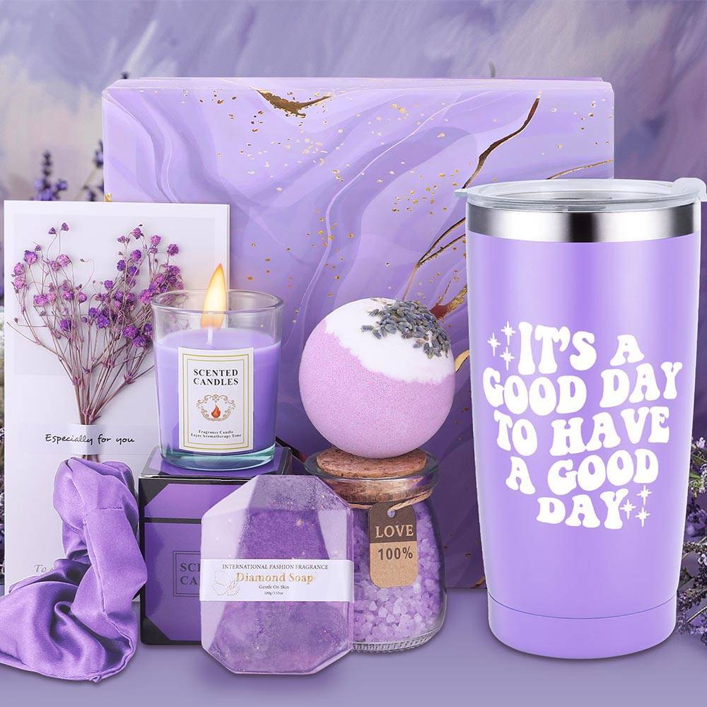 Lavender Bliss 8pcs Gift Set: Insulated Tumbler, Greeting Card, Hair Tie, Scented Candle, Bath Salts, Bath Bomb, Soap Bar - Alcohol-Free for All Skin Types Lootquake LLC