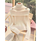 Soft Glutinous Idle Style Off-the-shoulder Bulky Turtleneck In Apricot Sweater Pi-Mart