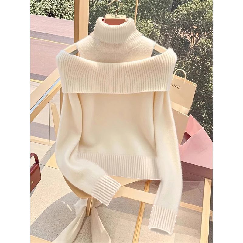 Soft Glutinous Idle Style Off-the-shoulder Bulky Turtleneck In Apricot Sweater Pi-Mart