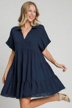 Women Dark Navy Full Size Raw Hem Folded Sleeve Dress Casual Plus Size Simple Dress Stevvex