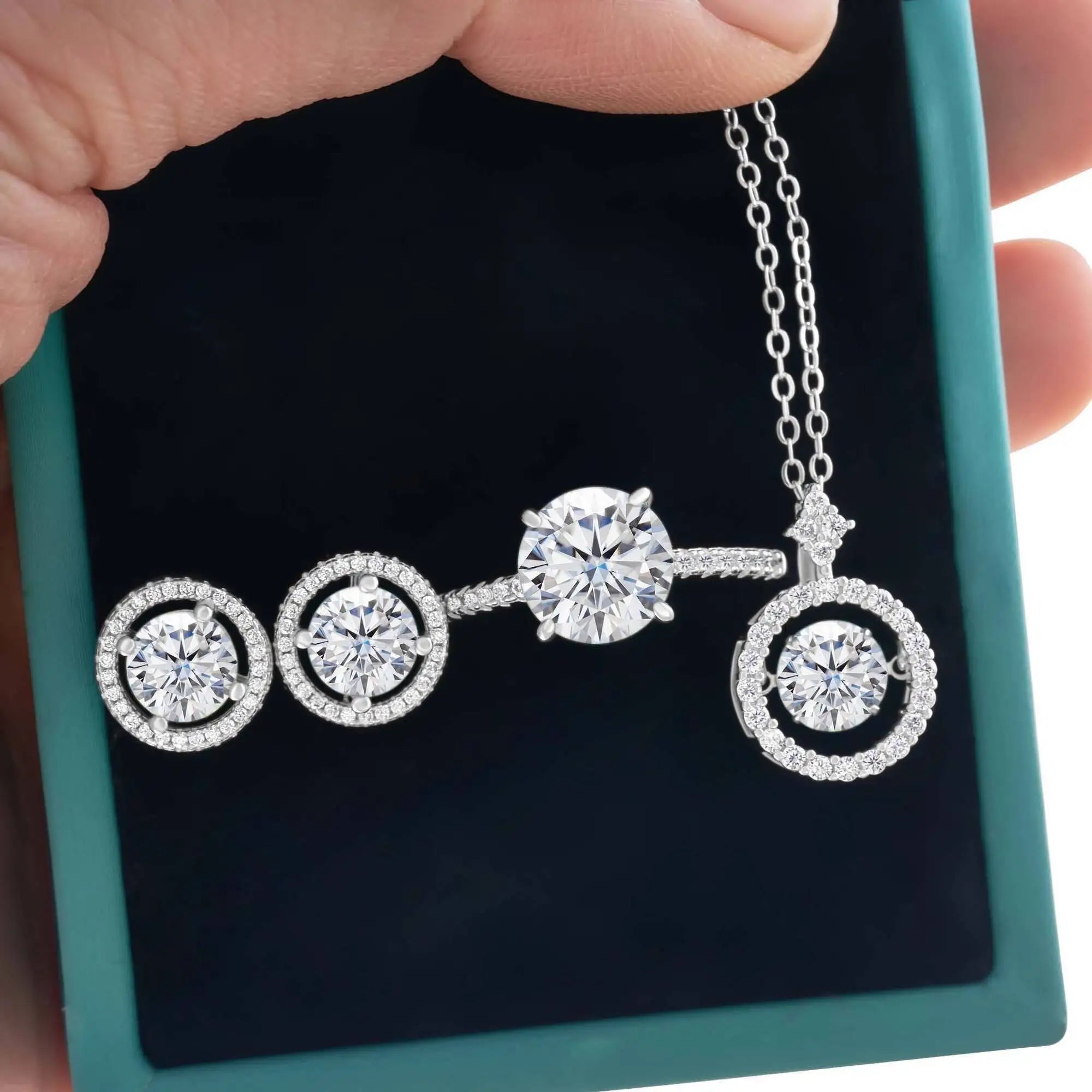 4Ct D Color Moissanite 925 Sterling Jewelry Set Ring Necklace Earrings BandsCo Straps